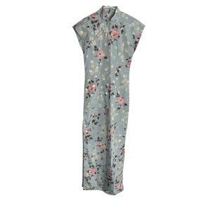 Cheongsam Blue Floral Dress Oriental Style Handmade Satin Side Vents Size Small